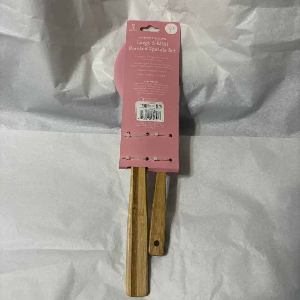 Easter Pink Bamboo Silicon Pointed Spatula 2 pc Set Large and Mini Rabbit Floral